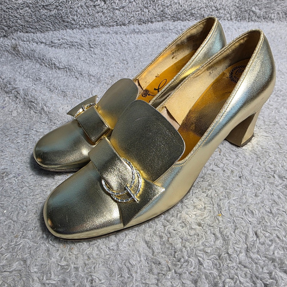 VTG Mr Carlo Gold Metallic Dance Loafer Heels Rhinestone Buckle‎ Narrow Heel 8.5